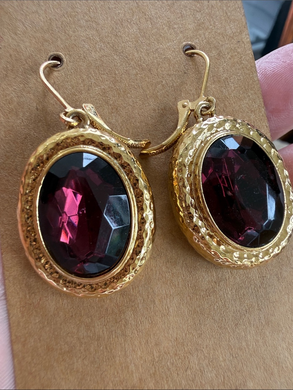 Joan Rivers Gold Drop Earrings with Deep Burgundy Gemstone
